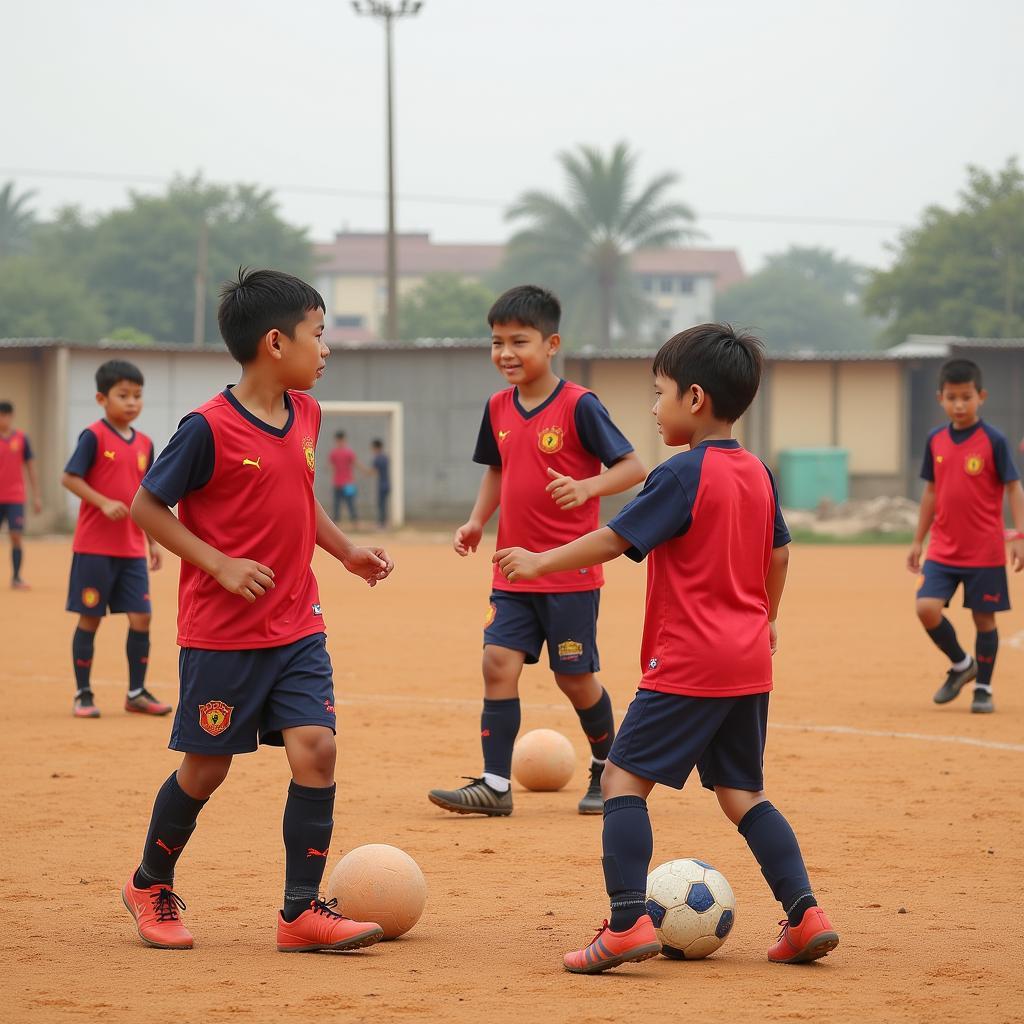 Young Hải Dương football players training on a local field