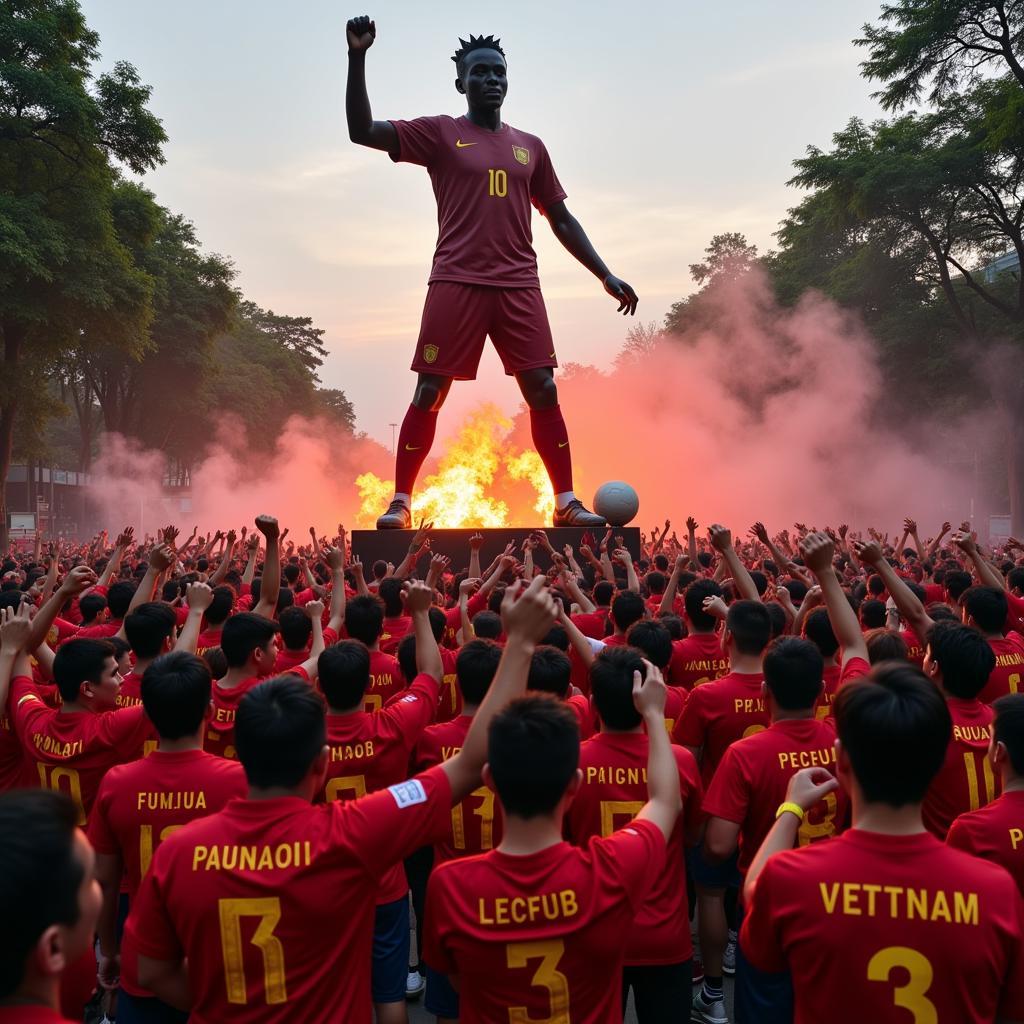 Hanoi Football Fans Gathering Around a Statue