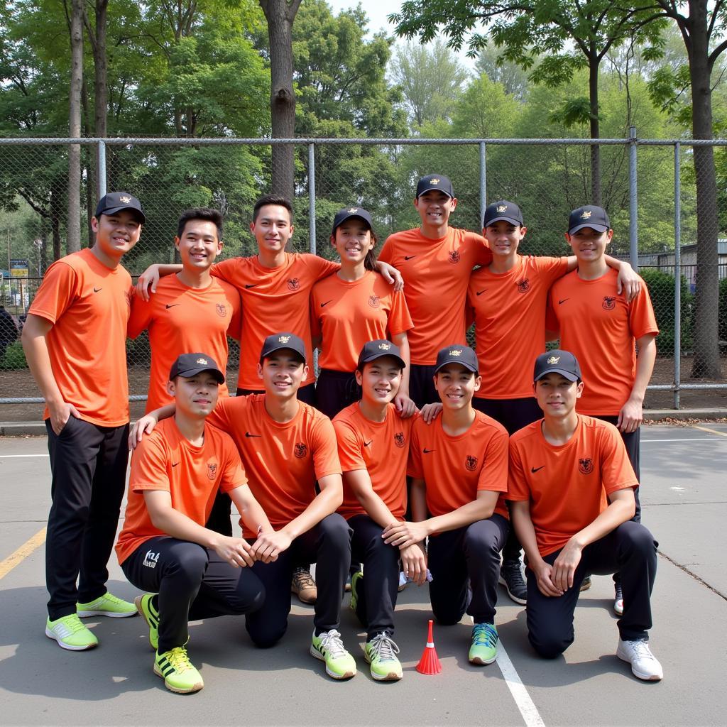 Members of a Hanoi shuttlecock kicking club posing for a photo