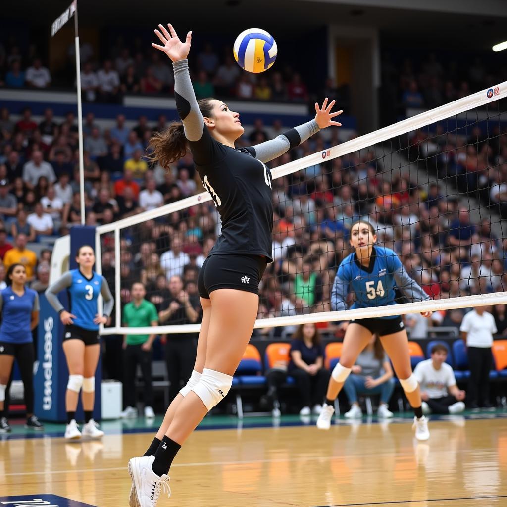 Volleyball player executing a powerful jump.