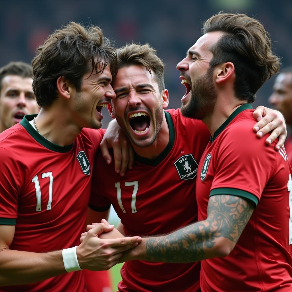 Football players celebrating a goal with intense passion, demonstrating the fiery nature of the sport.