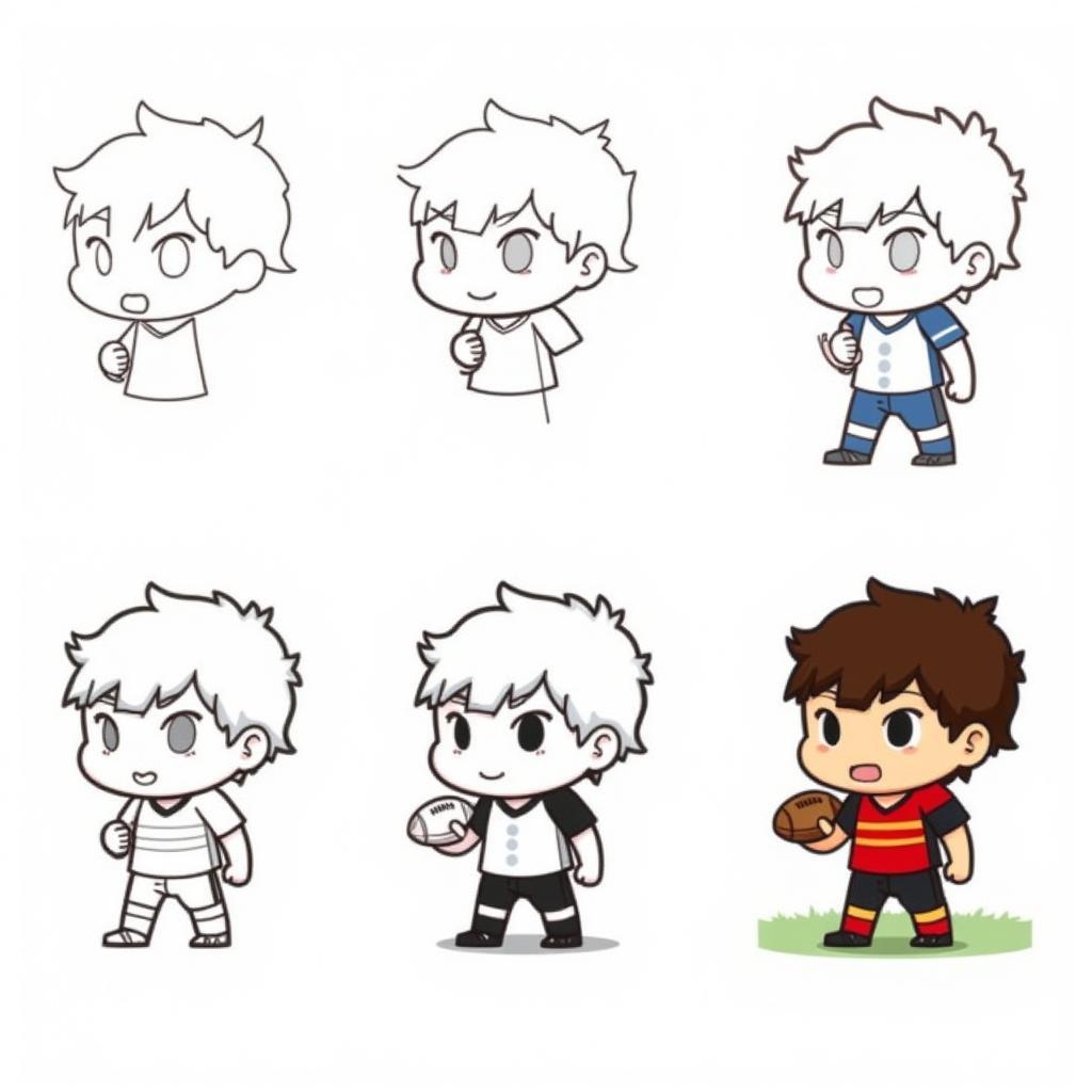 Step-by-step guide to drawing a chibi football player.