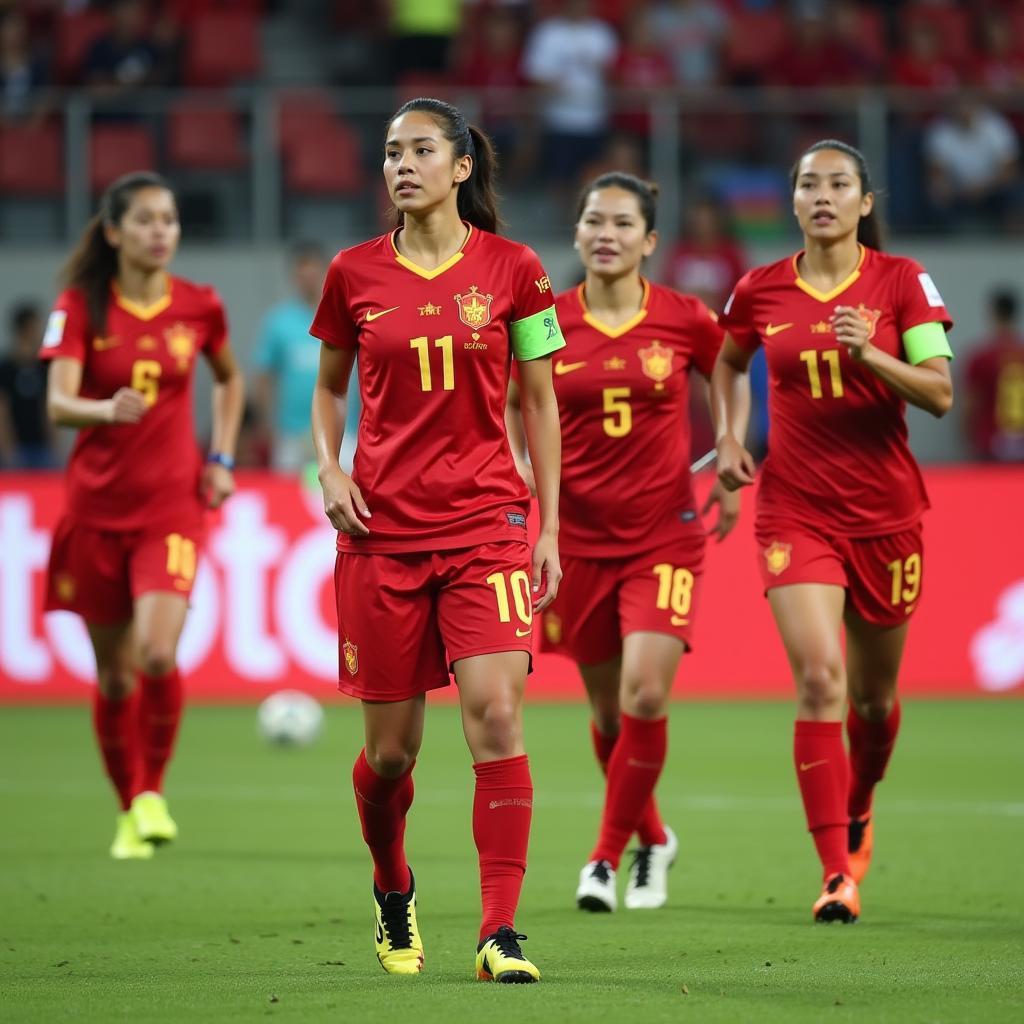 Huynh Nhu, captain of the Vietnam women's national football team, leads her team on the field.