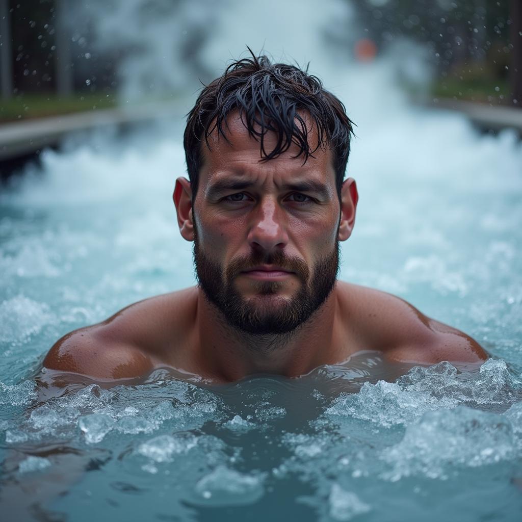 Football Player in an Ice Bath for Muscle Recovery