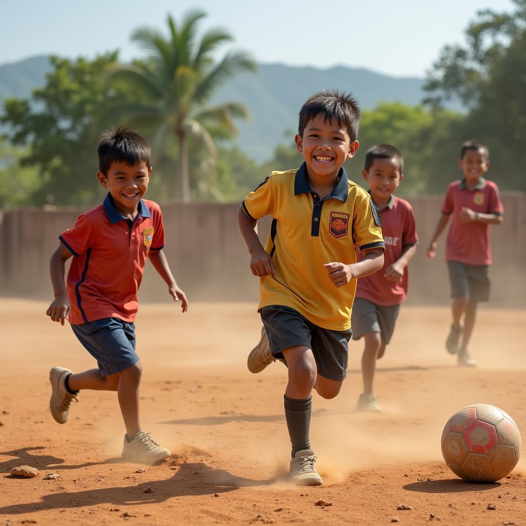 Indonesian children joyfully playing football, exemplifying the passion for the sport at the grassroots level.