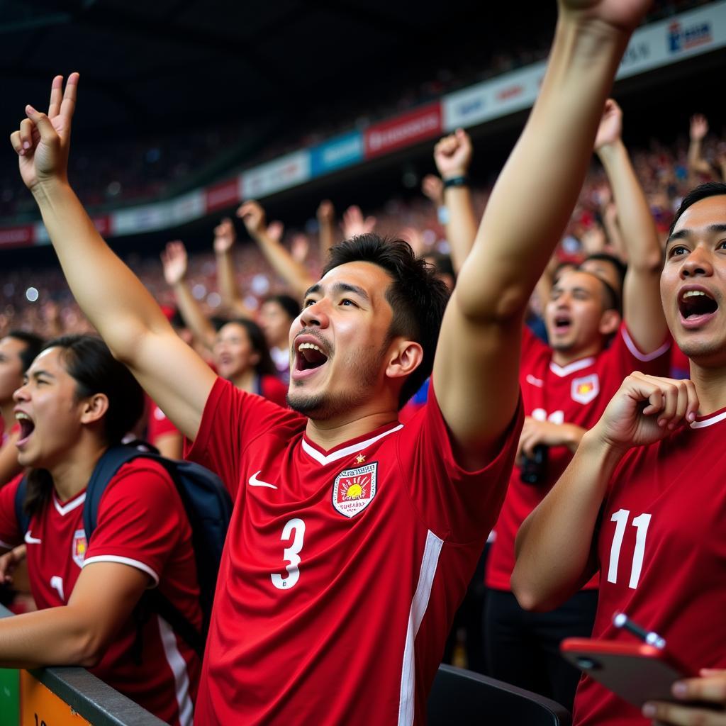 Passionate Indonesian football fans celebrating a victory.