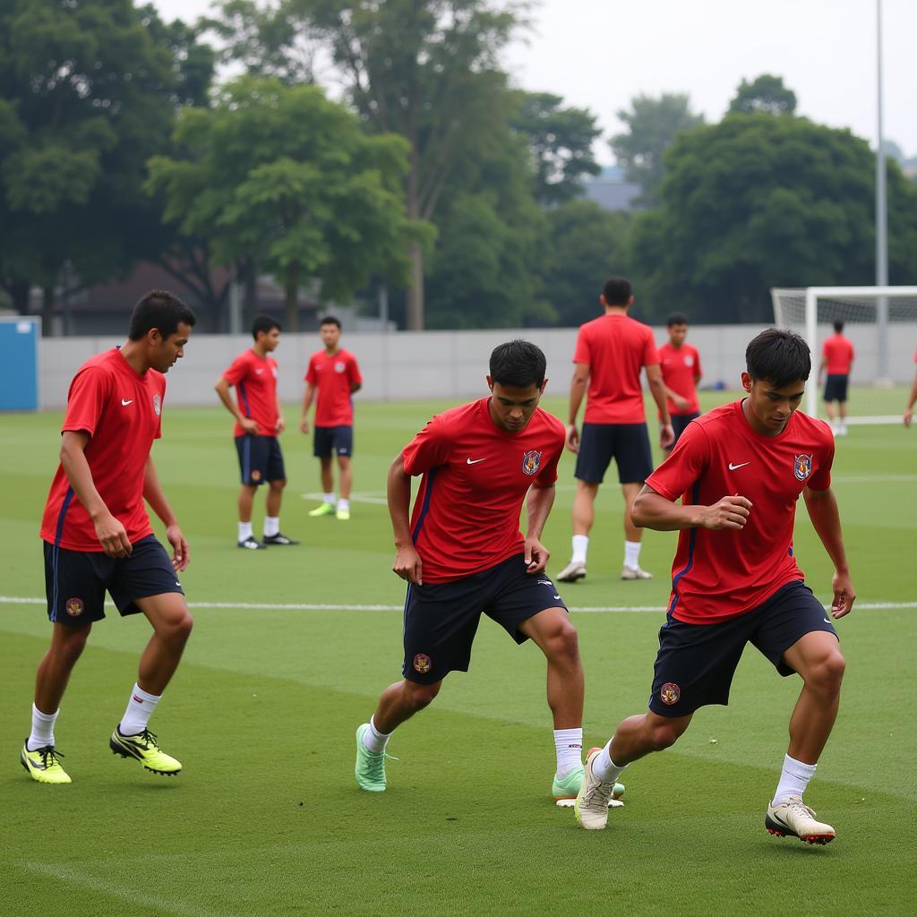 Indonesian national team players training rigorously for an upcoming international match.