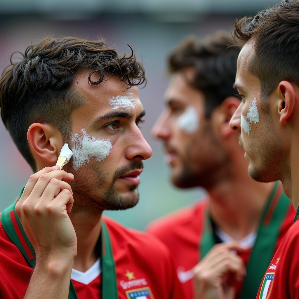 Italian players applying a substance to their faces before a match