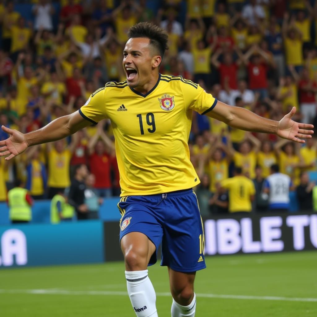 James Rodríguez celebrates a goal for Colombia during the 2014 FIFA World Cup.