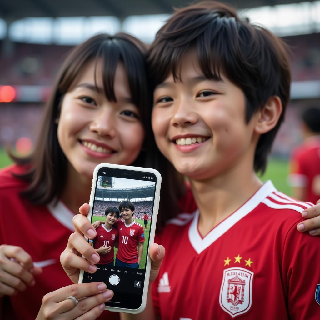 Japanese Football Fan Showing Photo with Player