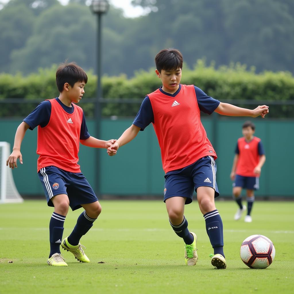 Japanese Football Players Training Intensely