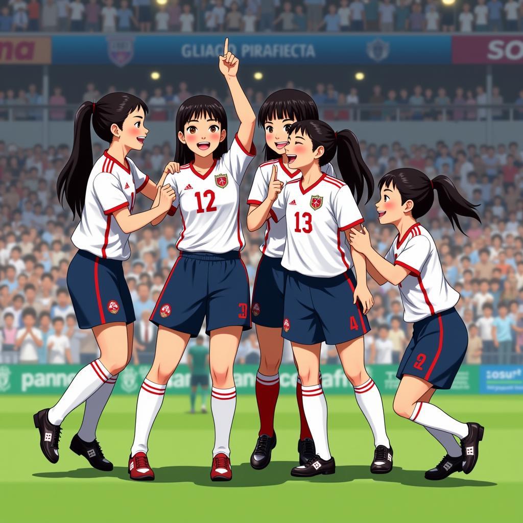 Japanese Soccer Team Celebrating a Goal - Teamwork and Skill