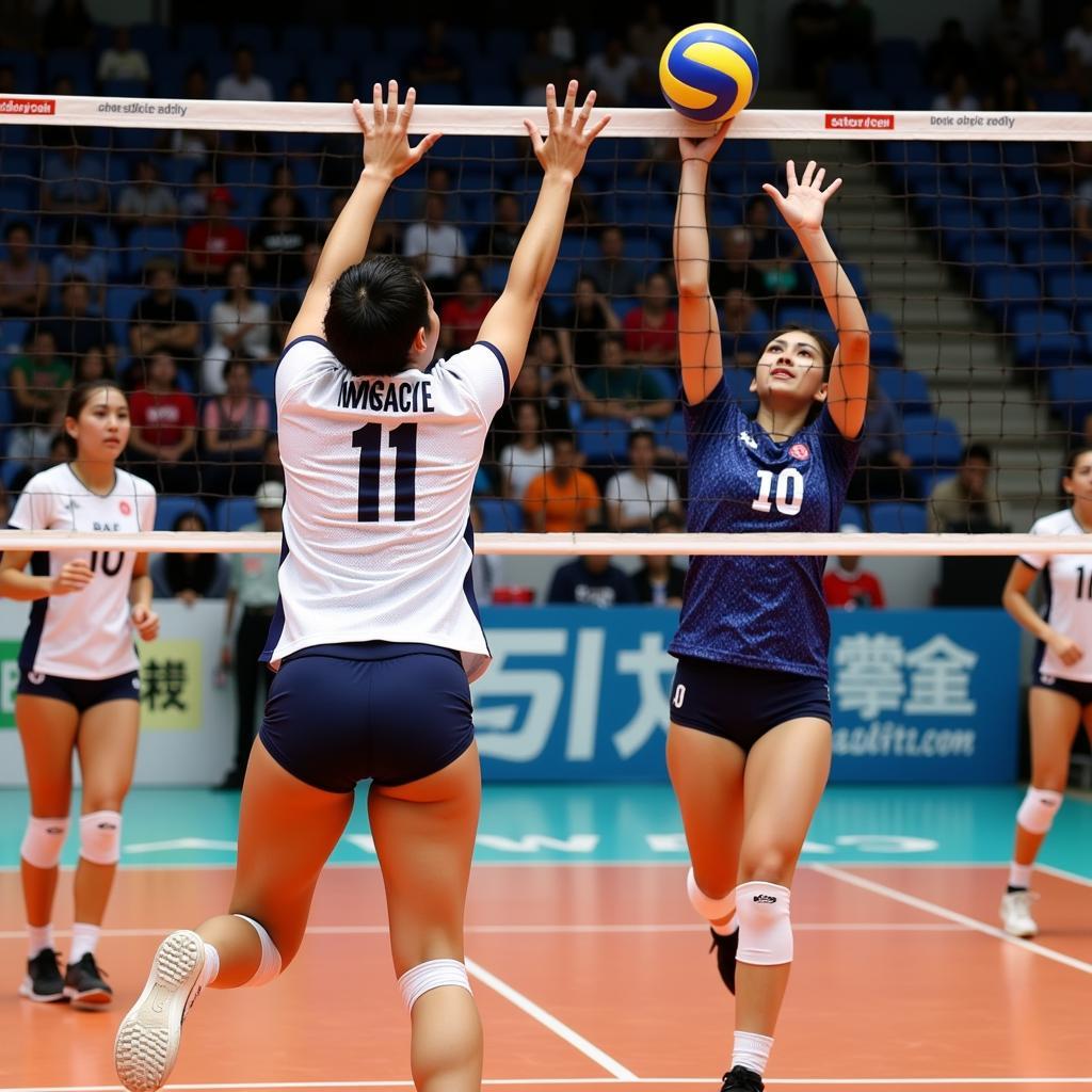 Japanese Volleyball Player Number 11 Spiking the Ball