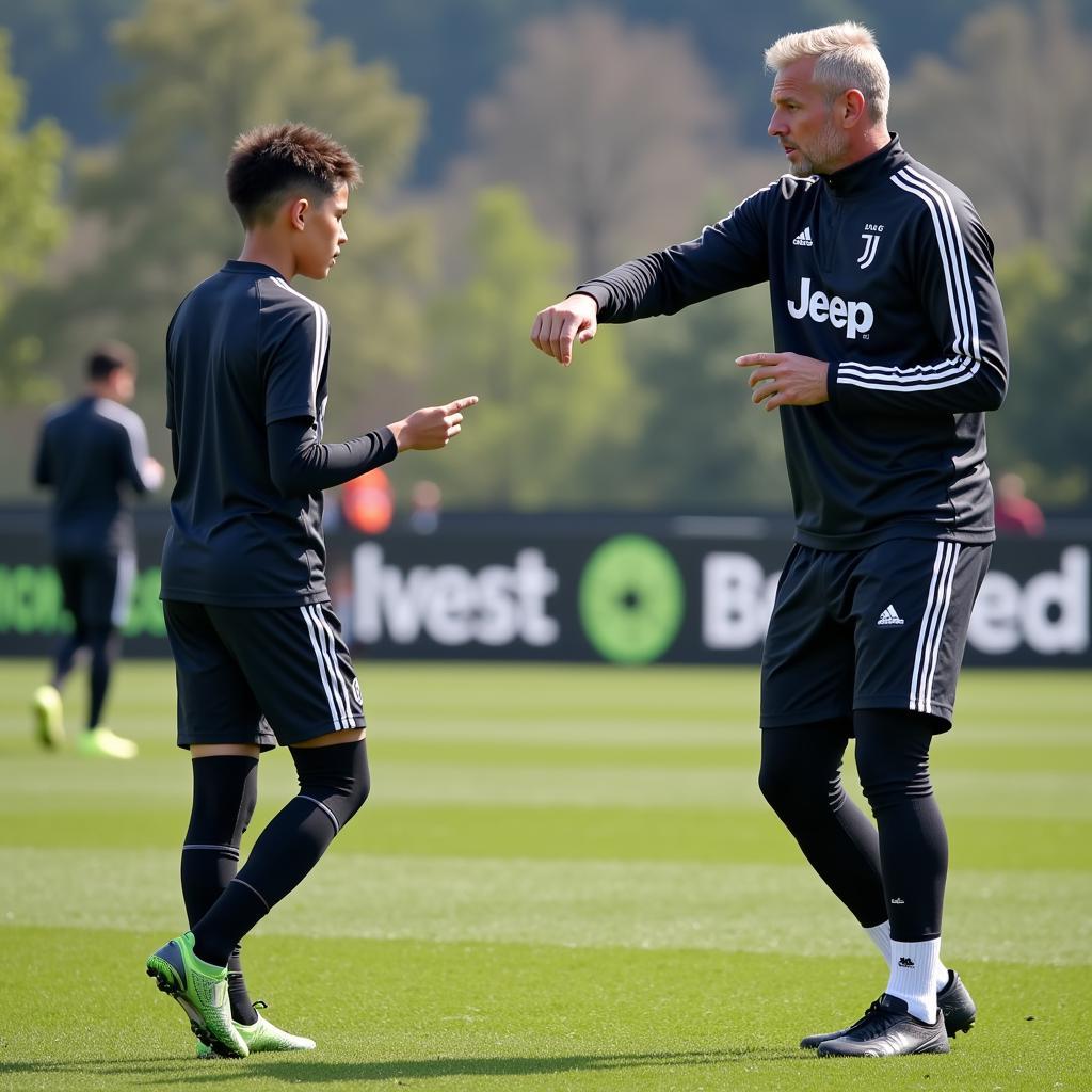 Juventus Coaches Training Young Football Player on the Field