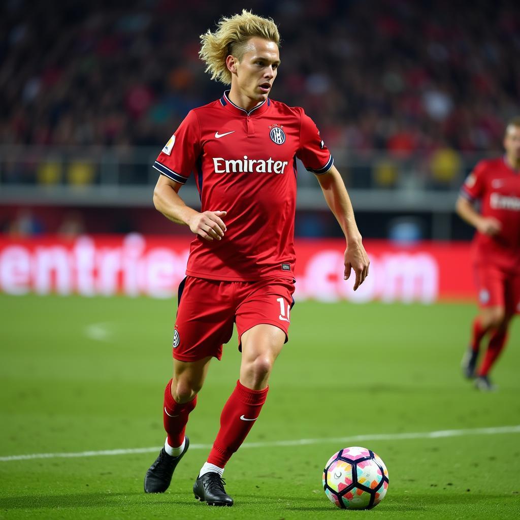 Kasper Dolberg making an attacking move for Nice