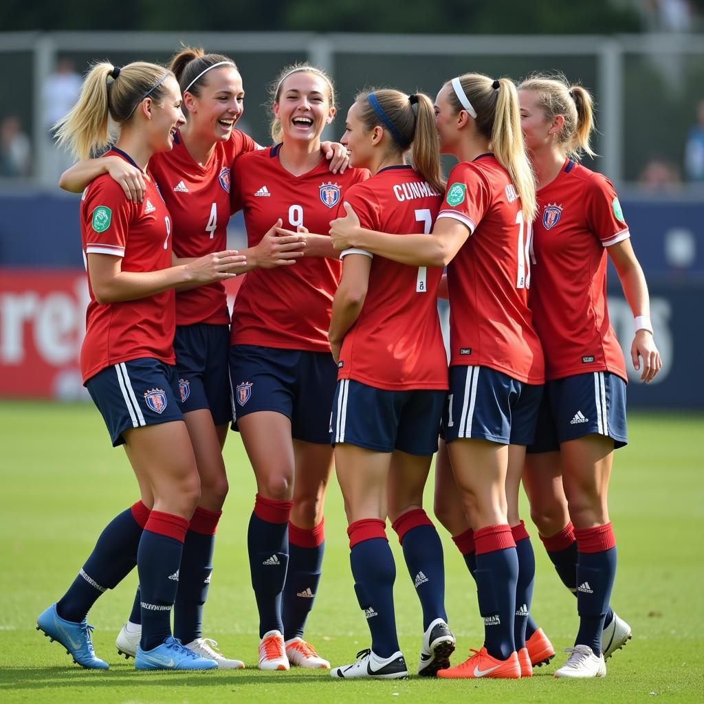 Kate celebrating a goal with her teammates