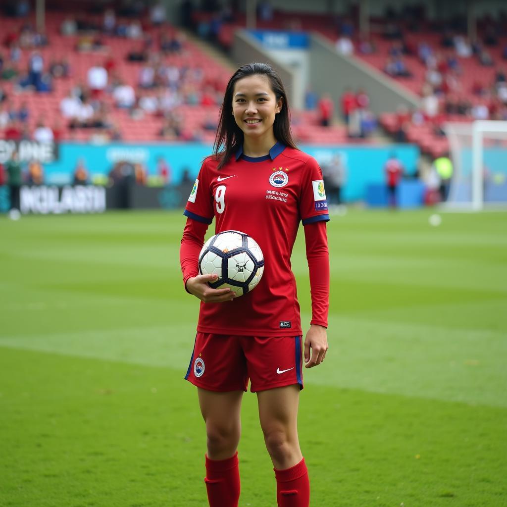 Kieu Loan on a football field, showcasing her athleticism and grace.