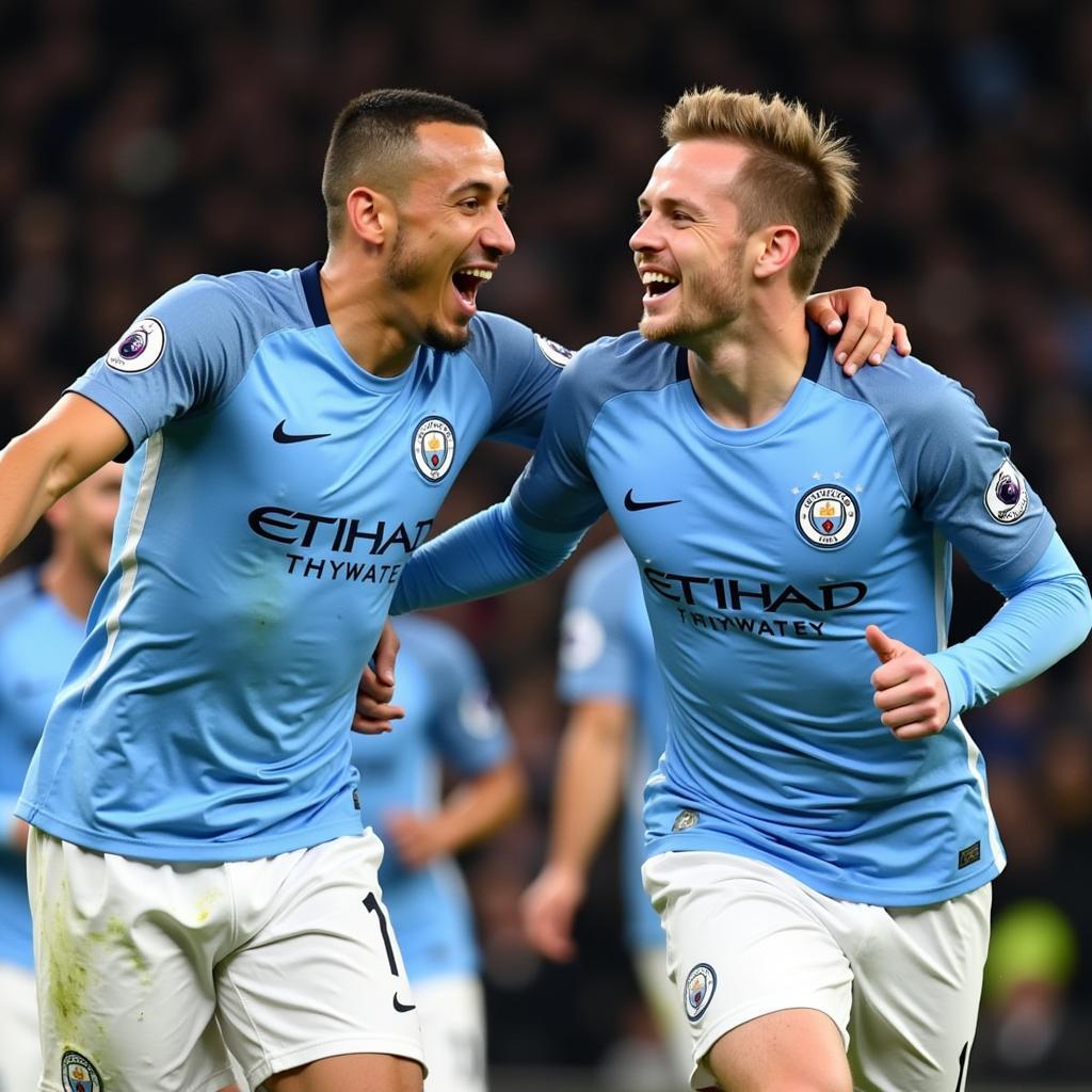 Laporte and Haaland celebrating a goal together