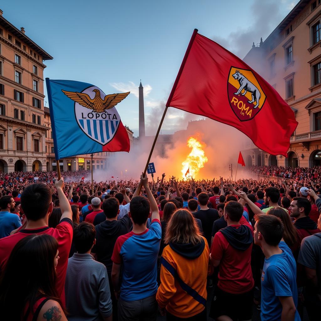 Passionate fans of both Lazio and Roma during the Derby della Capitale