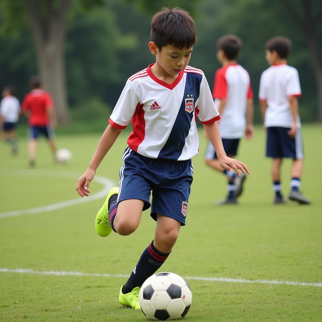 Le Anh Duc, a young Vietnamese football prodigy, showcasing his skills on the field.