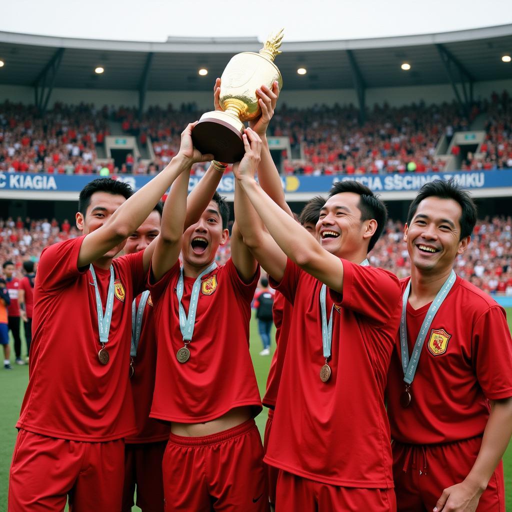 Le Huynh Duc celebrating a victory with his team