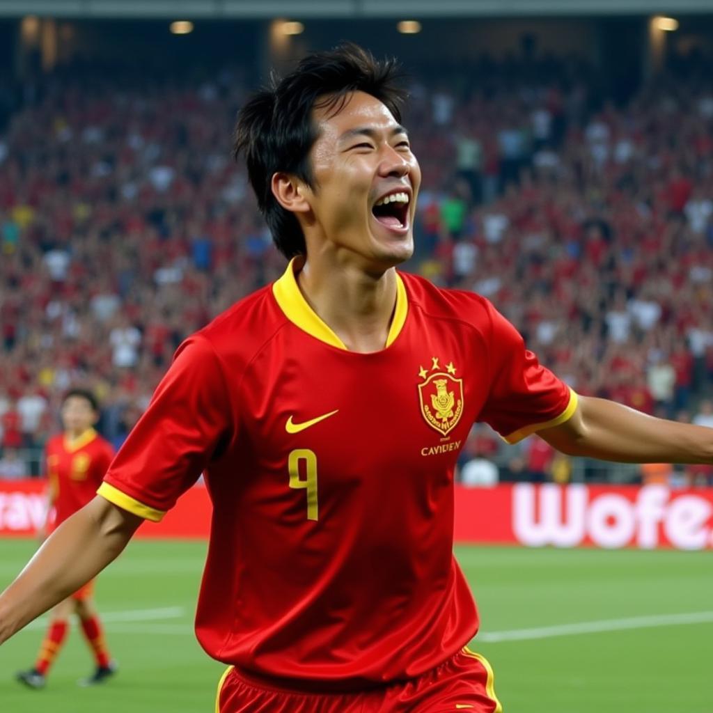 Le Huynh Duc in his prime, scoring a goal for the Vietnamese national team