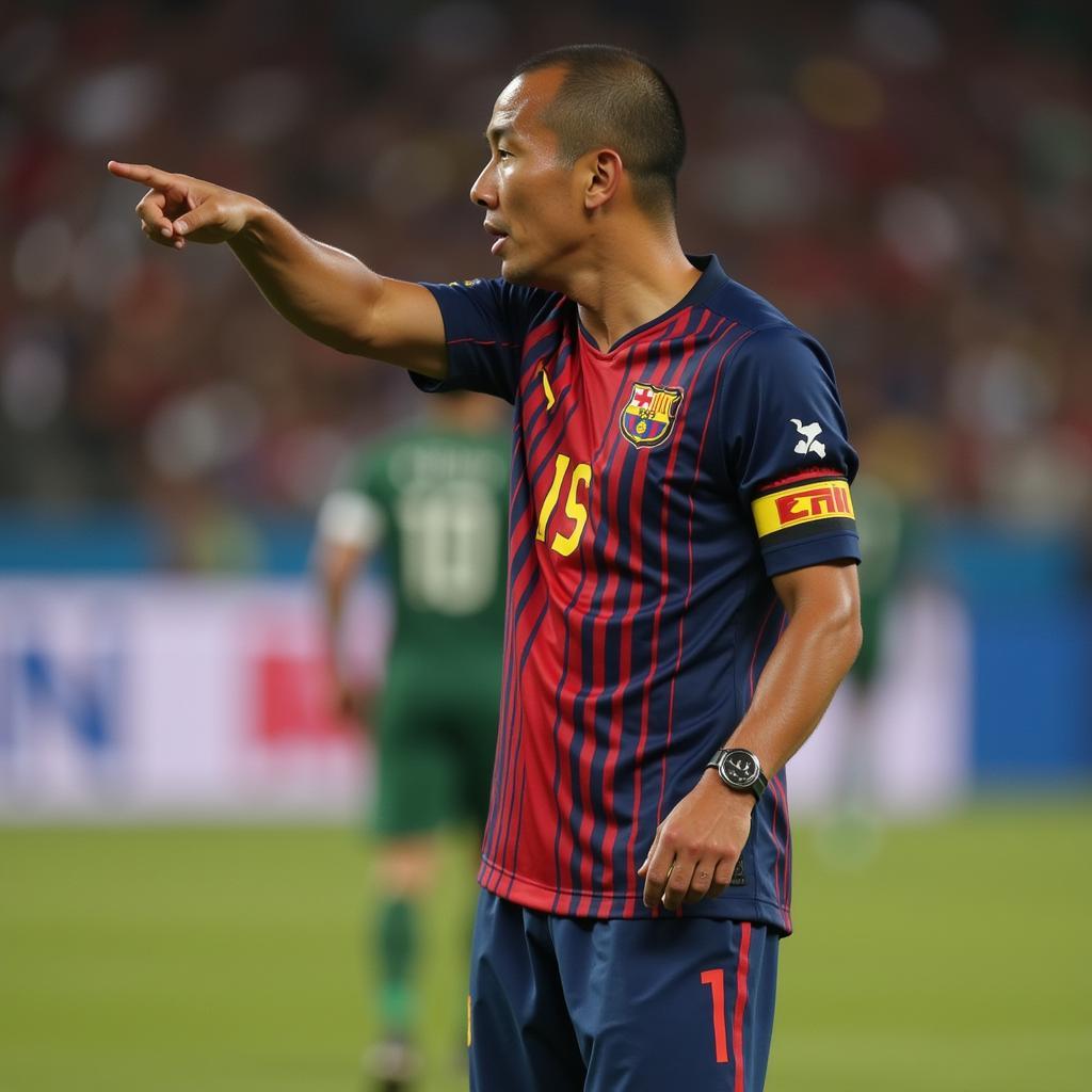 Le Huynh Duc demonstrating his tactical awareness on the field, directing his teammates and anticipating the opponent's moves.