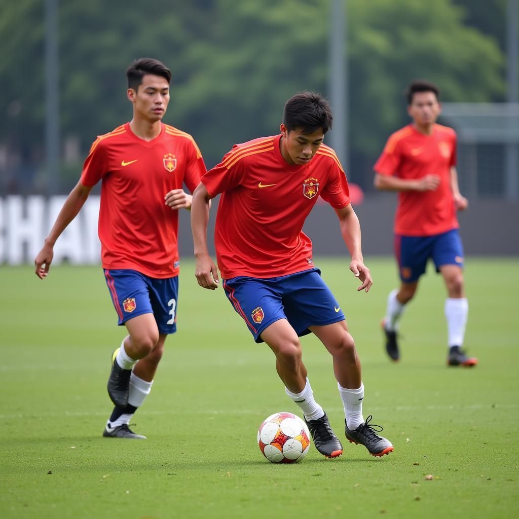 Vietnamese Football Players Showcasing Dribbling Skills