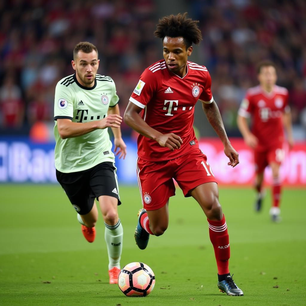 Leroy Sane dribbling past a defender for Bayern Munich