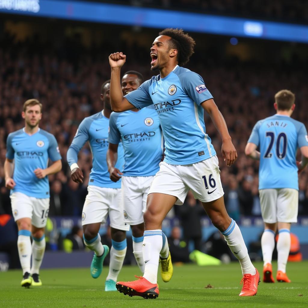 Leroy Sane celebrating a goal for Man City