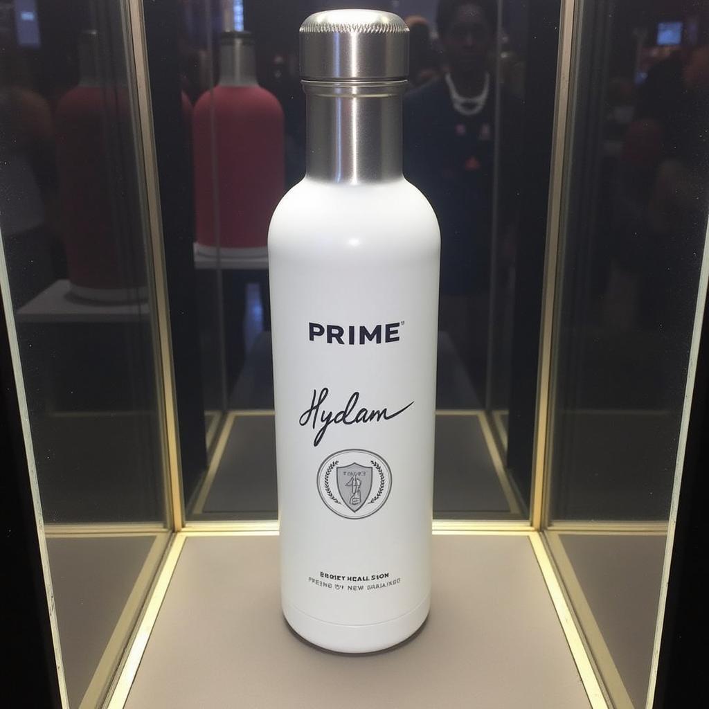 Limited edition Erling Haaland signed Prime Hydration bottle showcased in a display case.