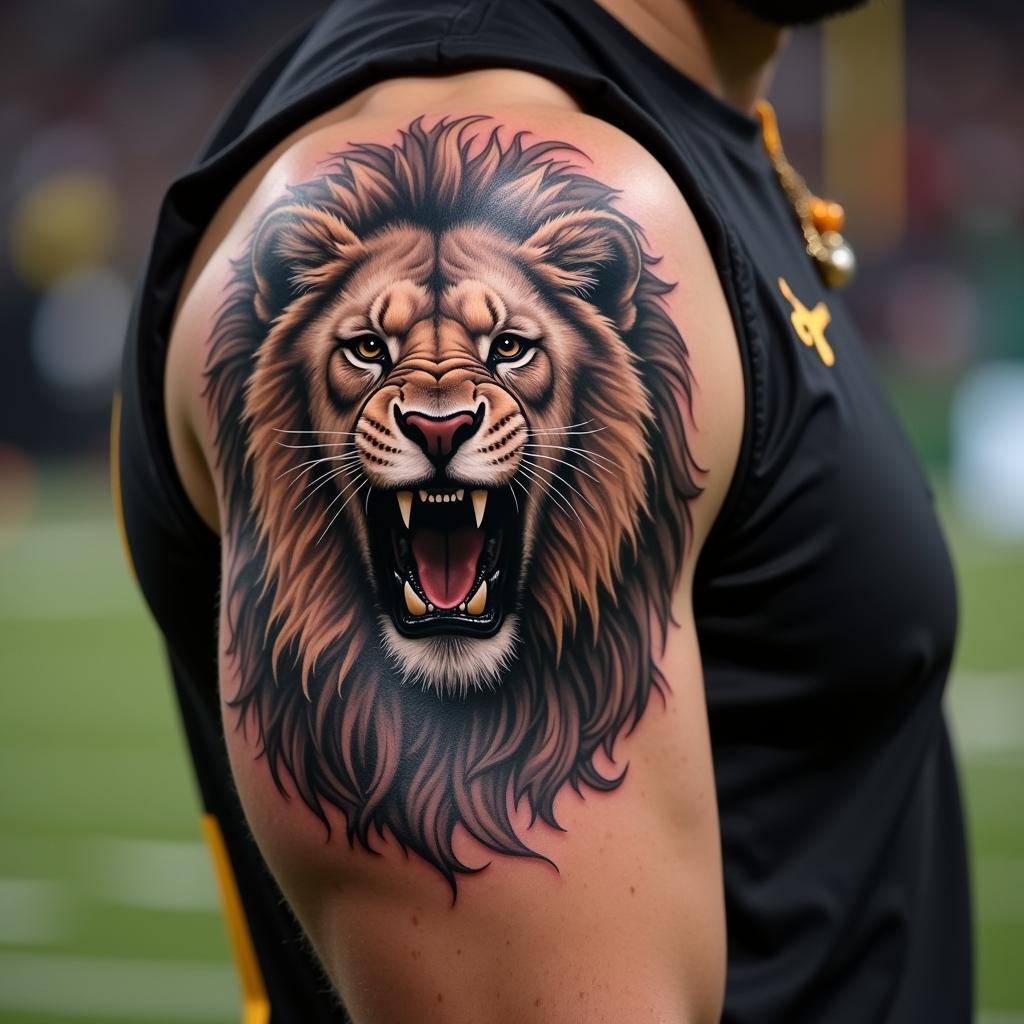 Lion Tattoo Symbolizing Strength on a Football Player's Arm