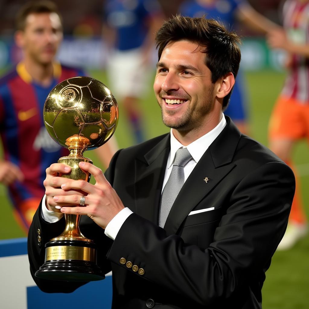 Lionel Messi Holding the 2009 Ballon d'Or