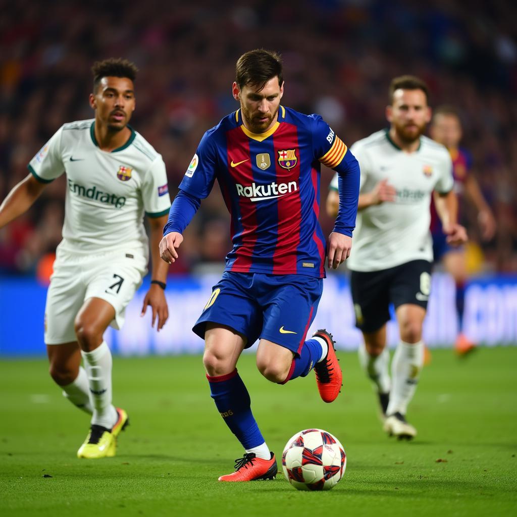 Lionel Messi dribbling past defenders in the Champions League.