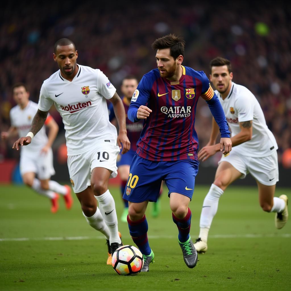 Lionel Messi skillfully dribbling past defenders in a high-stakes match.