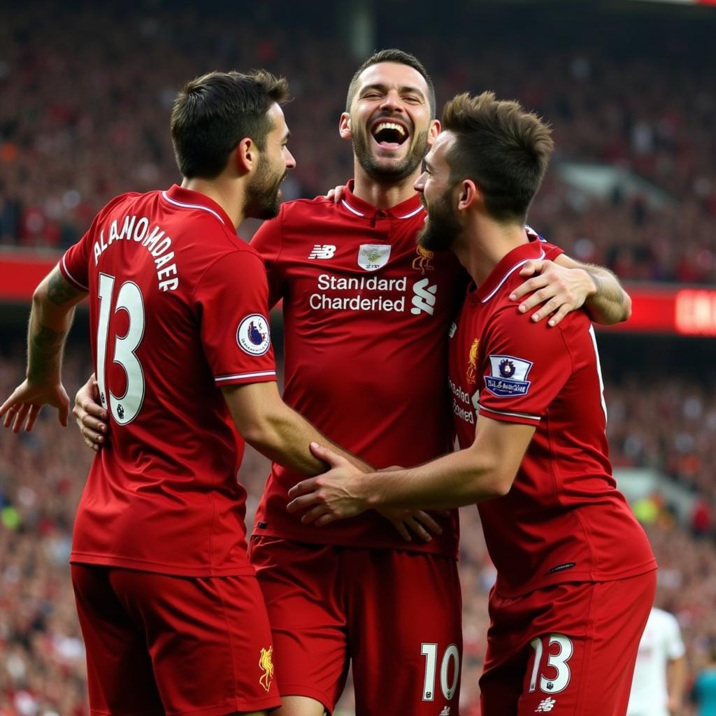 Liverpool players celebrating a goal after a successful attack