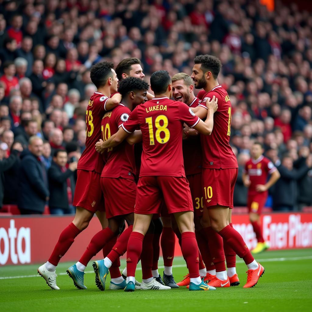 Liverpool players celebrating a goal