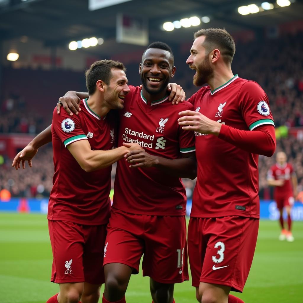 Liverpool players celebrating a goal at Anfield