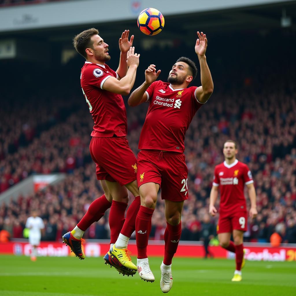 Liverpool Players Competing in an Aerial Duel