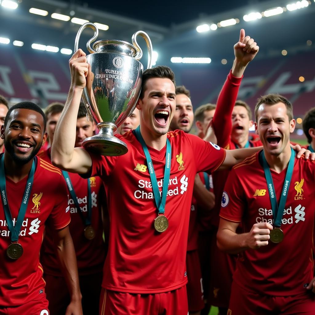 Dejan Lovren celebrating Liverpool's Champions League victory