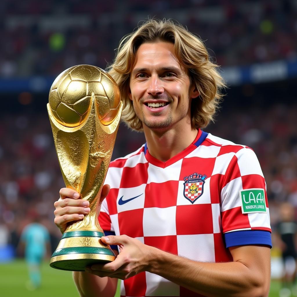 Luka Modric holding the Golden Ball trophy at the 2018 World Cup