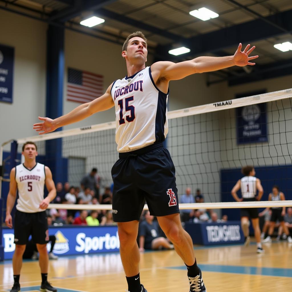 Male volleyball player performing a powerful spike during a match