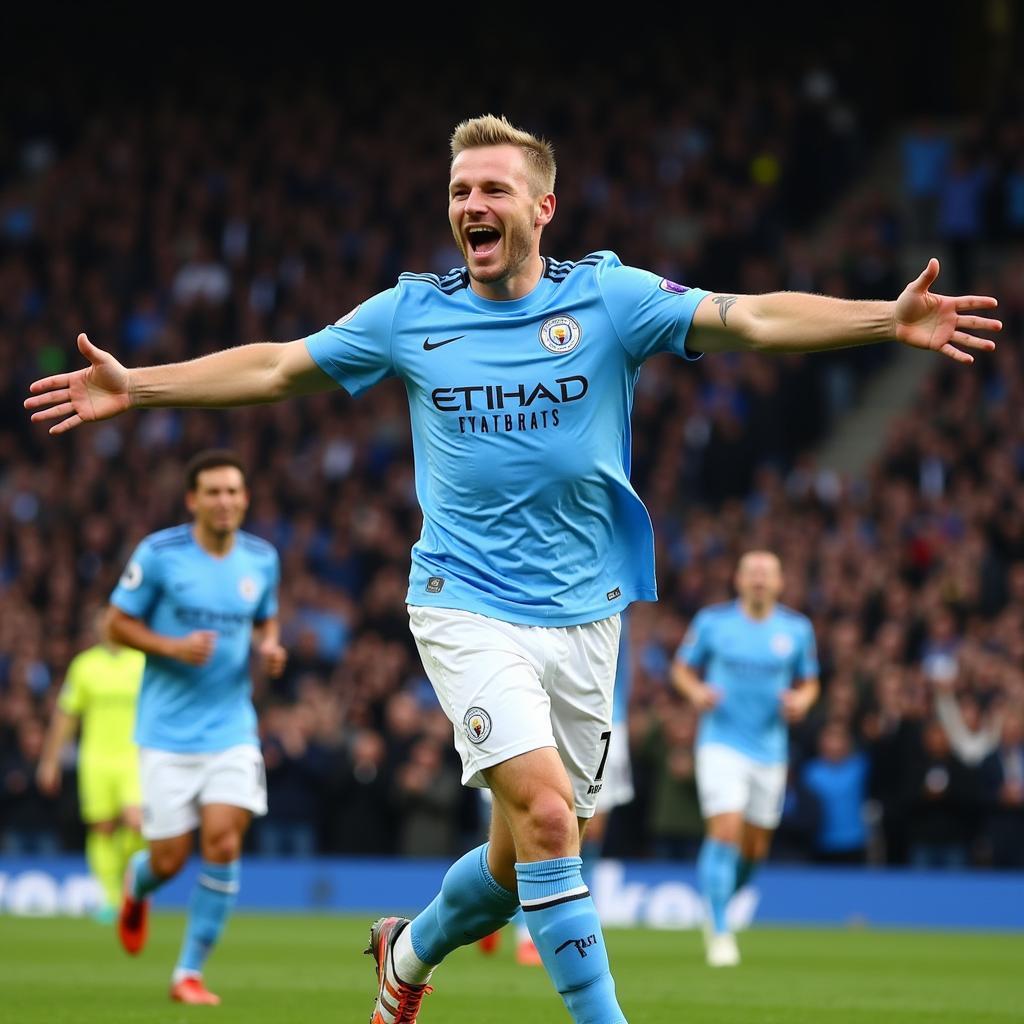 Haaland celebrating a goal in his Man City kit