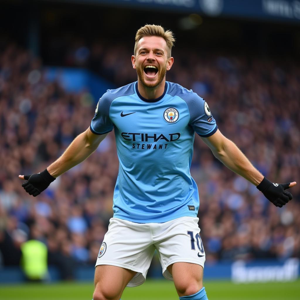 Erling Haaland celebrates a goal in his Man City Trikot