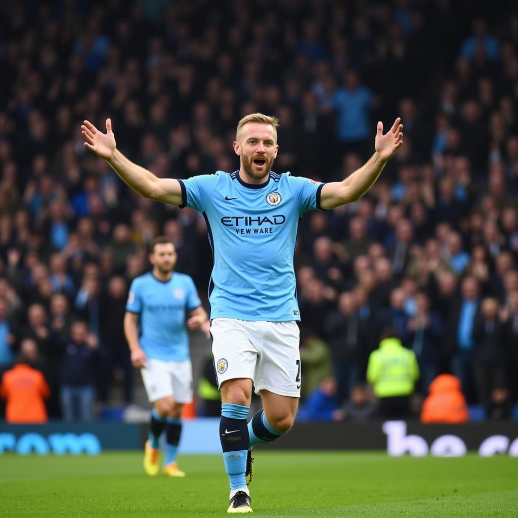 Haaland celebrating a goal after scoring for Man City, captured from a fan's perspective in the stadium.