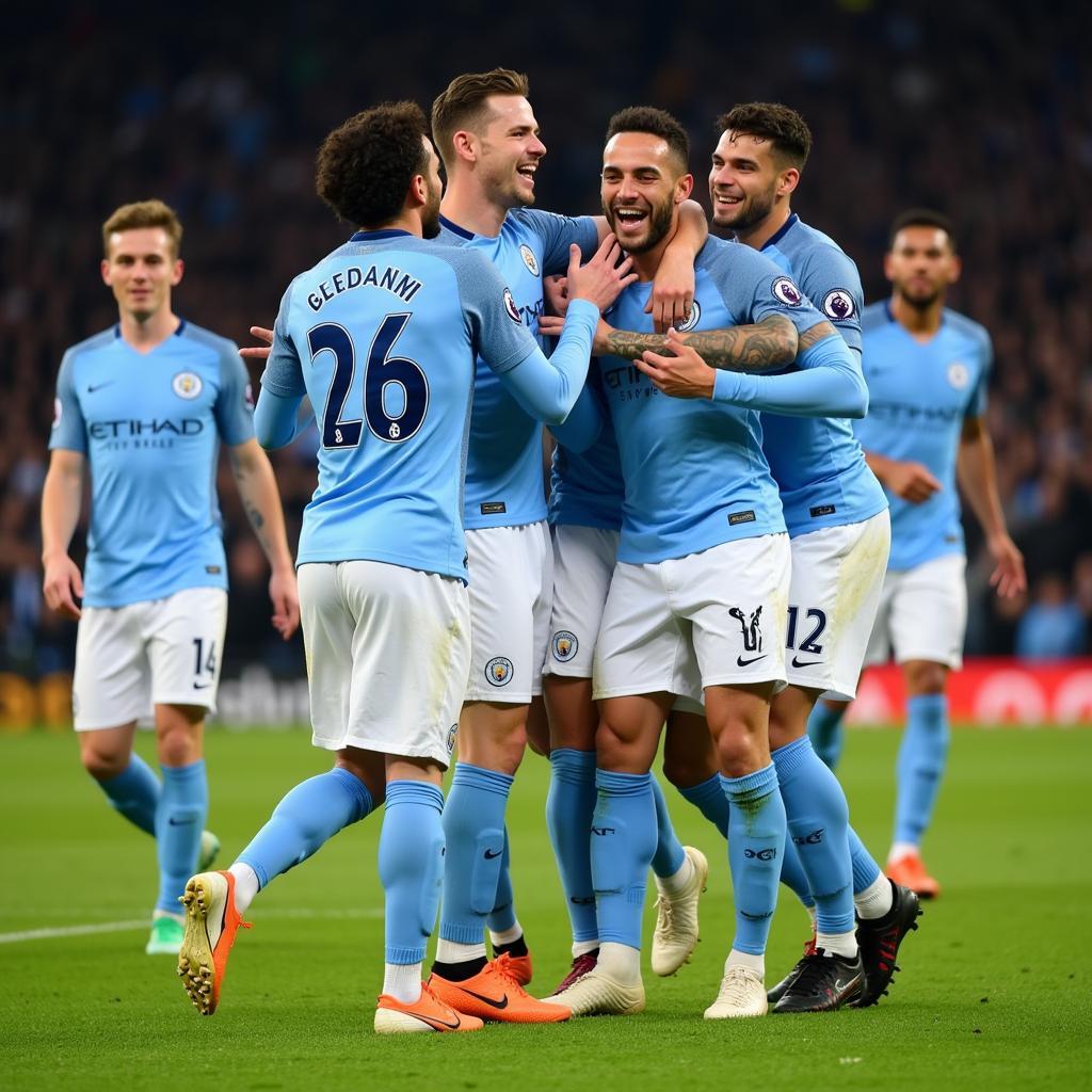 Manchester City players celebrating a goal