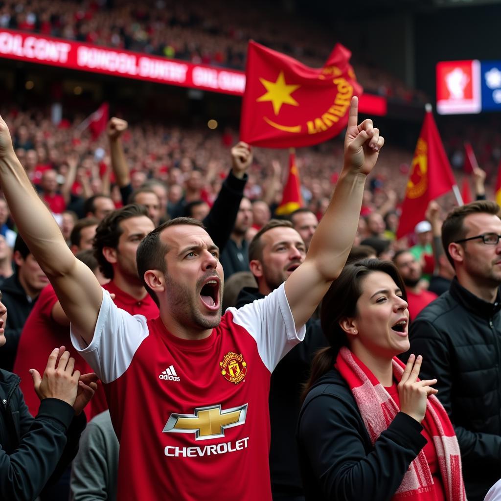 Manchester United fans passionately singing at Old Trafford stadium, creating a vibrant atmosphere.