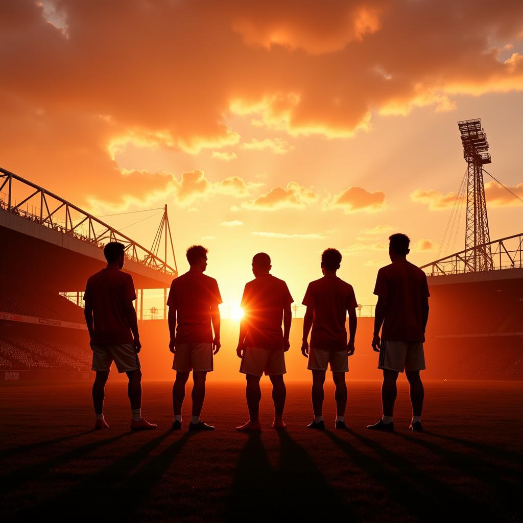 Silhouetted figures of young footballers against the backdrop of Old Trafford, symbolizing the potential for future generations