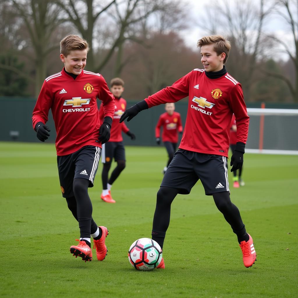 Young boys training on a football field, mirroring the actions of professional players