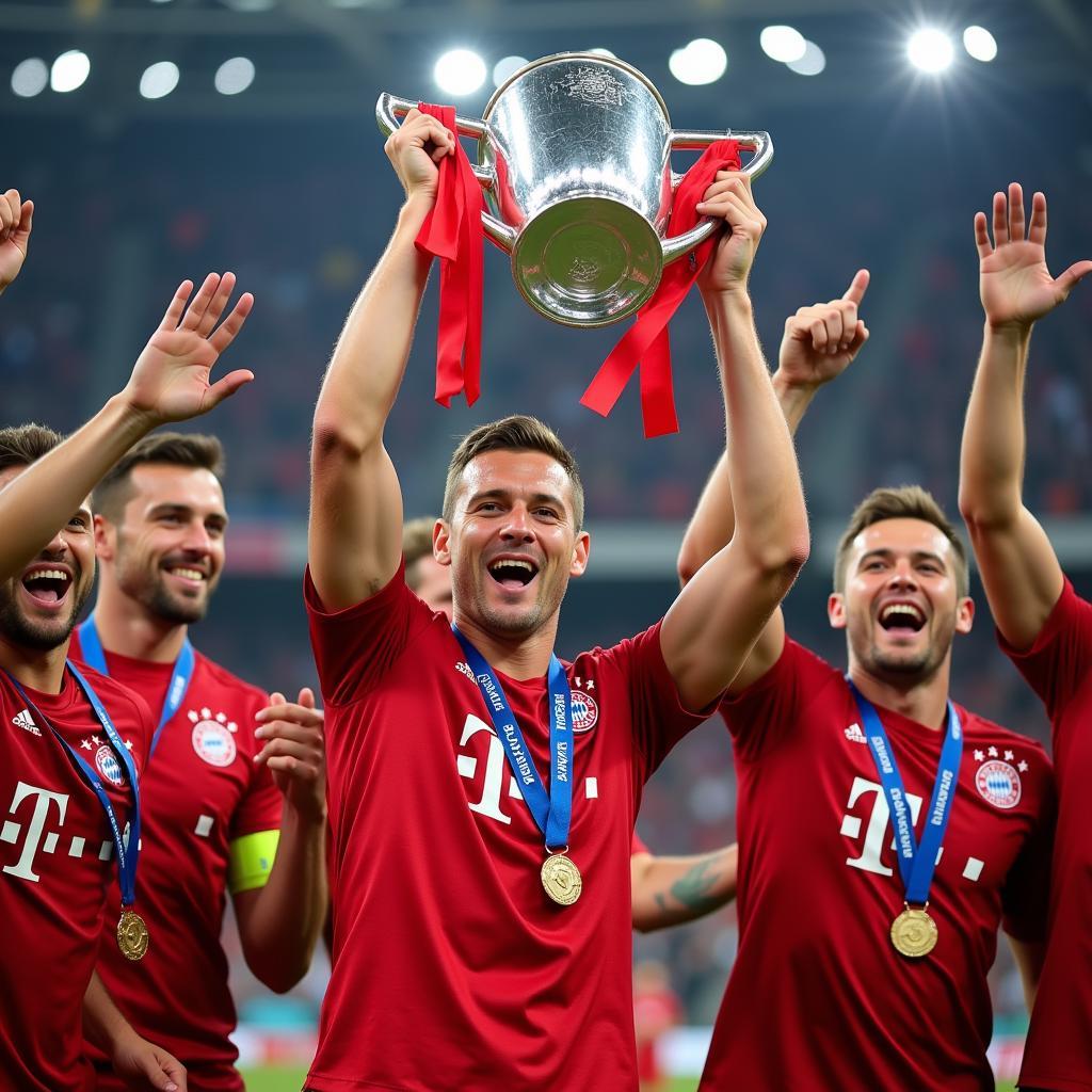 Manuel Neuer lifting a trophy as captain of Bayern Munich, celebrating a victory.